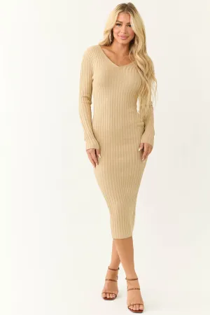 Beige and Gold Double V Ribbed Knit Maxi Dress