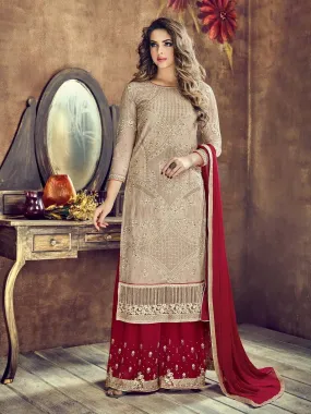 Beige And Red Embroidered Flared Palazzo Suit