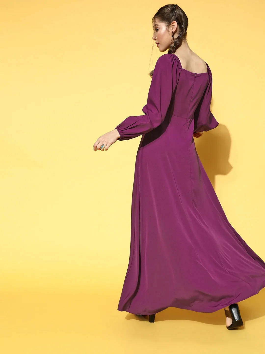 Berrylush Women Solid Purple Square Neck Puff Sleeves Crepe Flared Maxi Dress