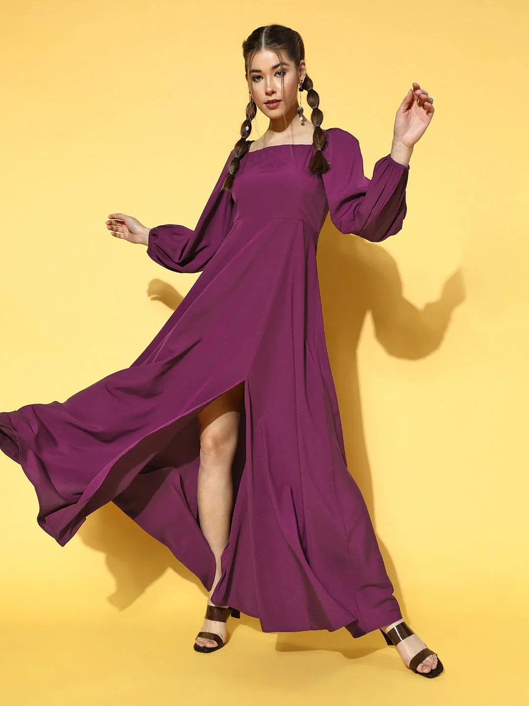 Berrylush Women Solid Purple Square Neck Puff Sleeves Crepe Flared Maxi Dress