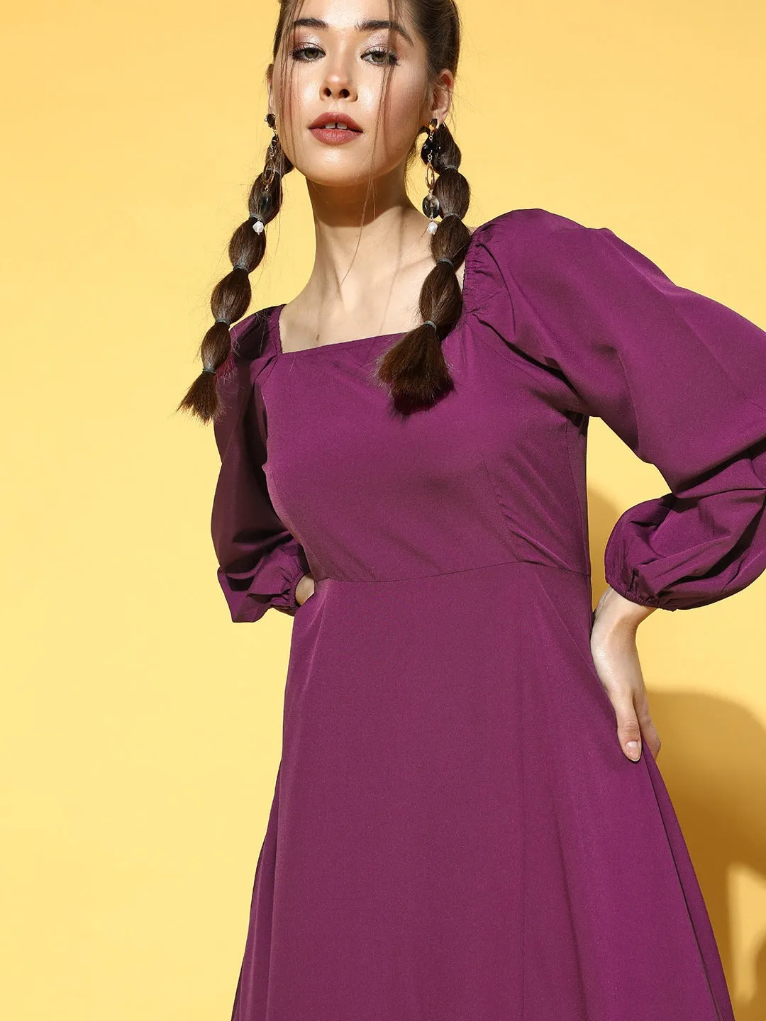 Berrylush Women Solid Purple Square Neck Puff Sleeves Crepe Flared Maxi Dress