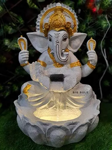 Big Bulk Big Ganesh White Kamal/Lotus Ganesh Fiber Indoor Outdoor Fountain with Led Lights for Home Decor and Office Decoration Or Gifting (90 cm X 65 cm X 65 cm)