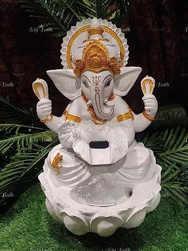 Big Bulk Big Ganesh White Kamal/Lotus Ganesh Fiber Indoor Outdoor Fountain with Led Lights for Home Decor and Office Decoration Or Gifting (90 cm X 65 cm X 65 cm)