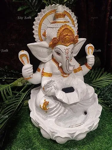 Big Bulk Big Ganesh White Kamal/Lotus Ganesh Fiber Indoor Outdoor Fountain with Led Lights for Home Decor and Office Decoration Or Gifting (90 cm X 65 cm X 65 cm)