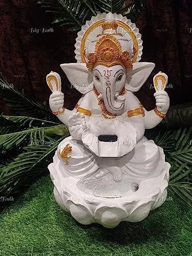 Big Bulk Big Ganesh White Kamal/Lotus Ganesh Fiber Indoor Outdoor Fountain with Led Lights for Home Decor and Office Decoration Or Gifting (90 cm X 65 cm X 65 cm)