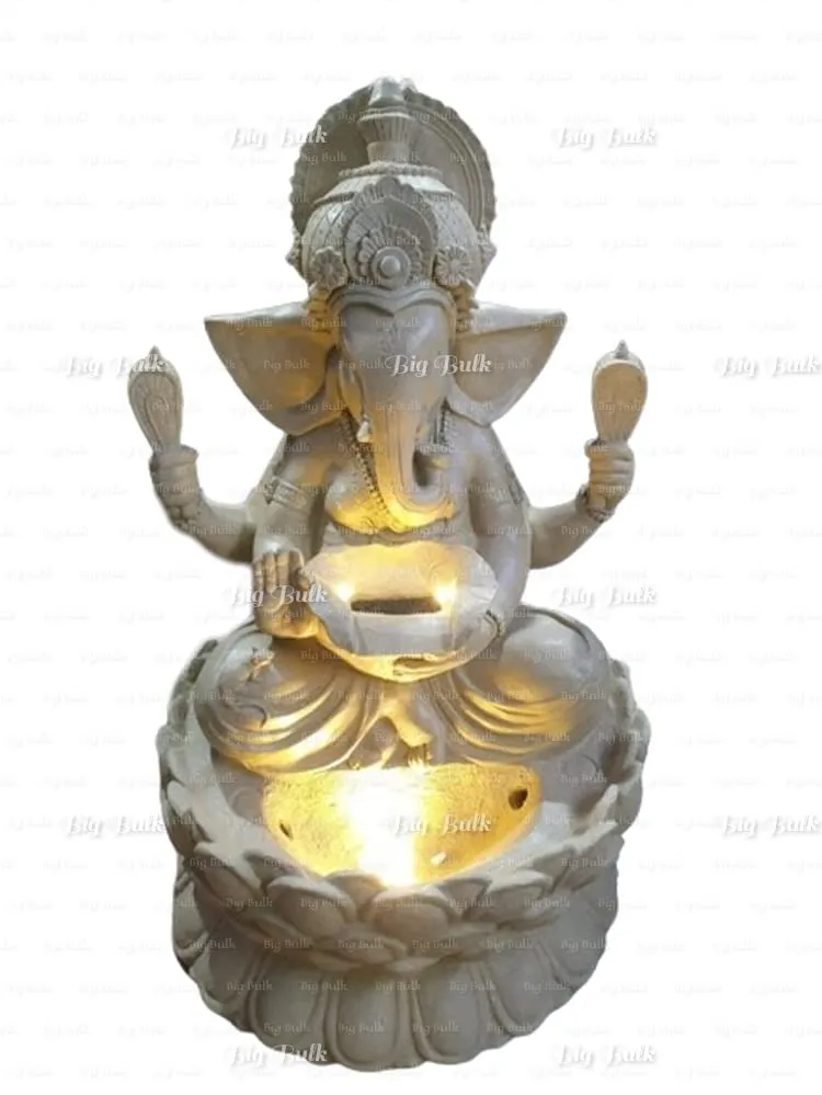 Big Bulk Big Lotus Ganesha/Kamal Ganesh Fiber Indoor Outdoor Fountain with Led Lights for Home Decor and Office Decoration Or Gifting (Stone Look: 109 cm X 66 cm X 66 cm)