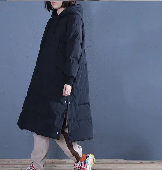 Black A-line Casual Long Hooded Winter Women Down Jacket