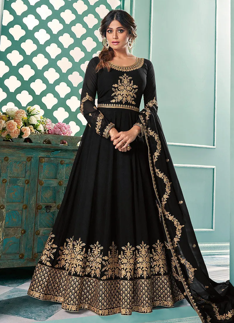 Black Embroidered Flared Anarkali Suit