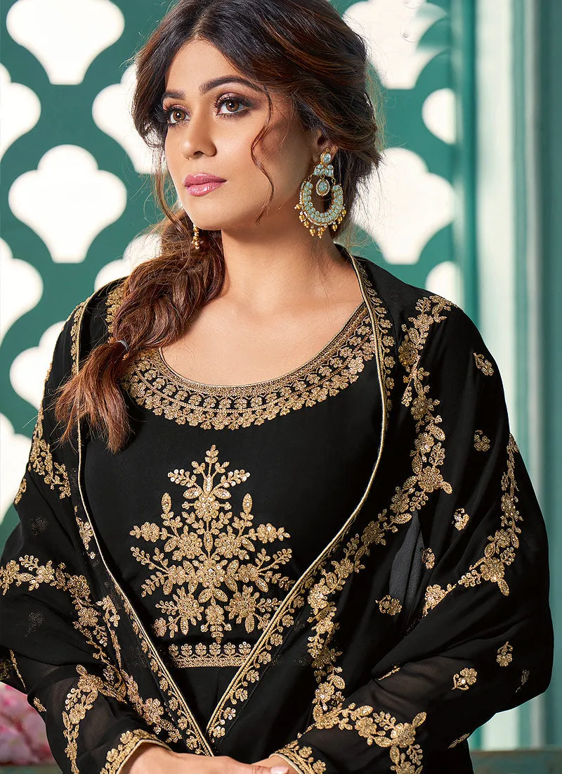 Black Embroidered Flared Anarkali Suit