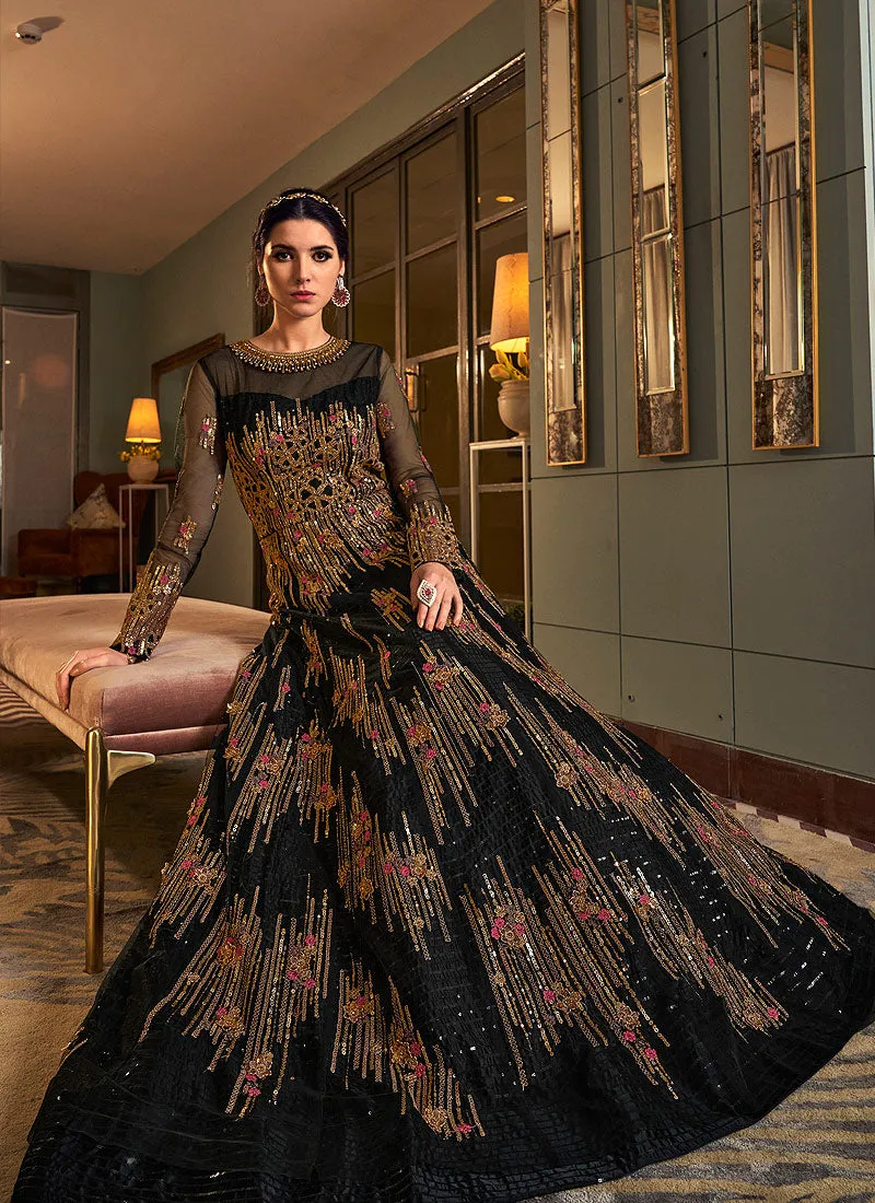 Black Multi Embroidered Flared Anarkali Suit