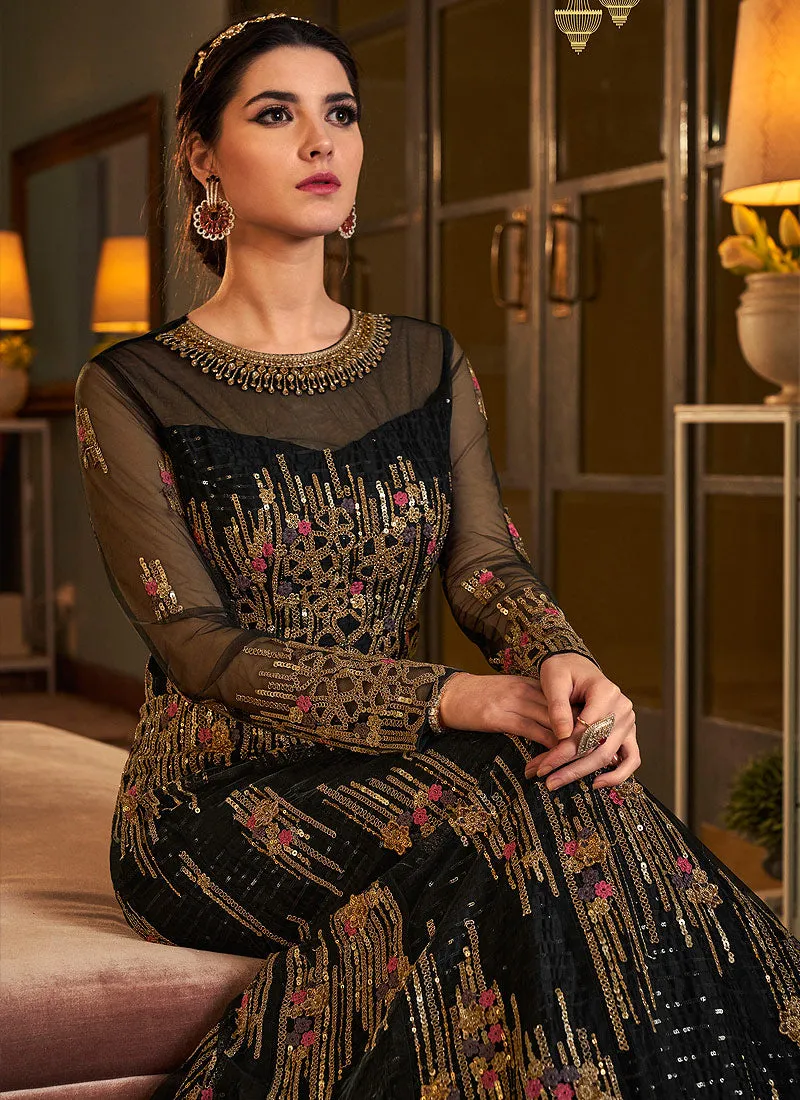 Black Multi Embroidered Flared Anarkali Suit