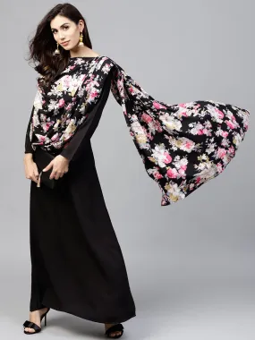 Black Printed Draped Maxi Dress With Round Neck And Full Sleeves