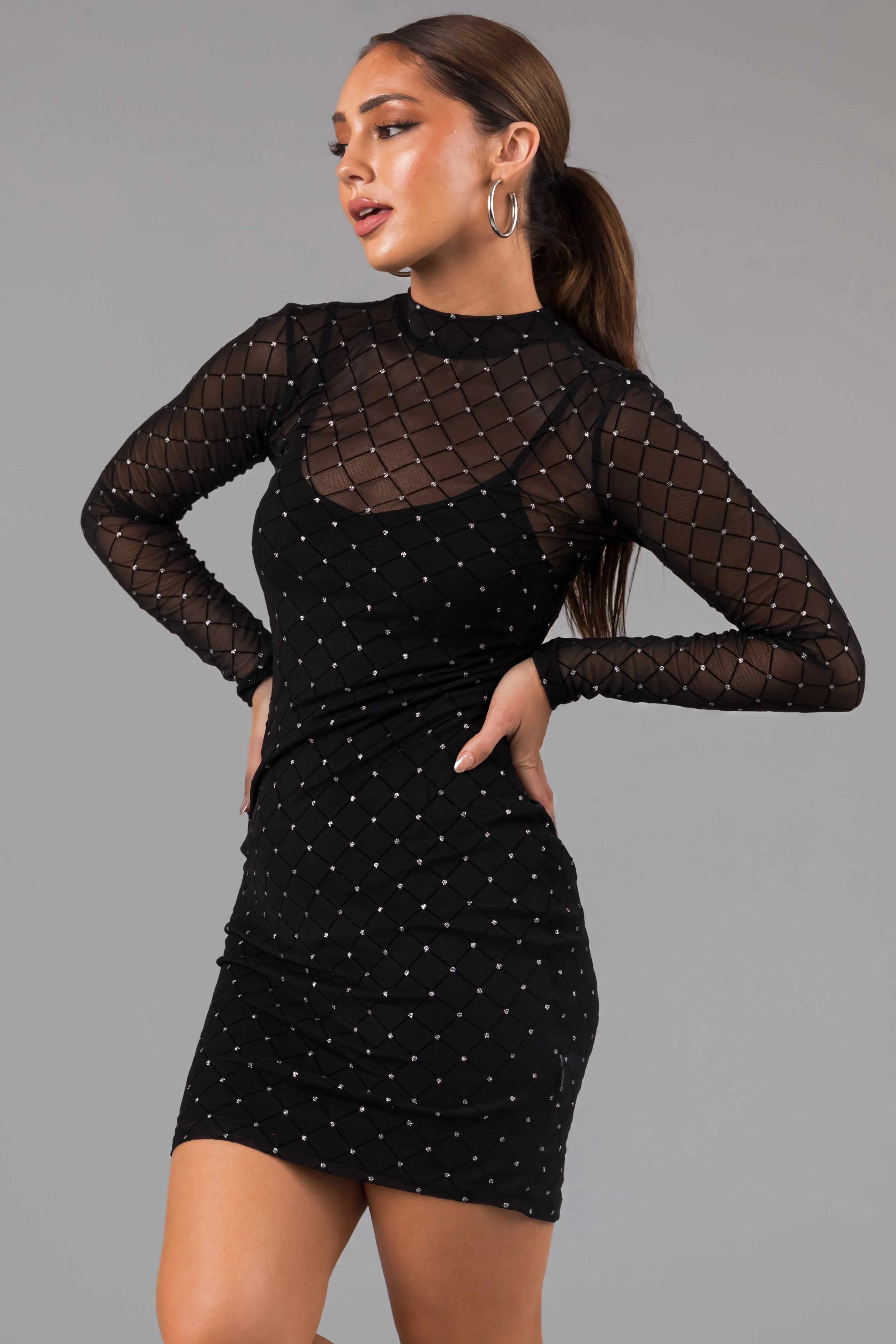 Black Rhinestone Mesh Mock Neck Mini Dress