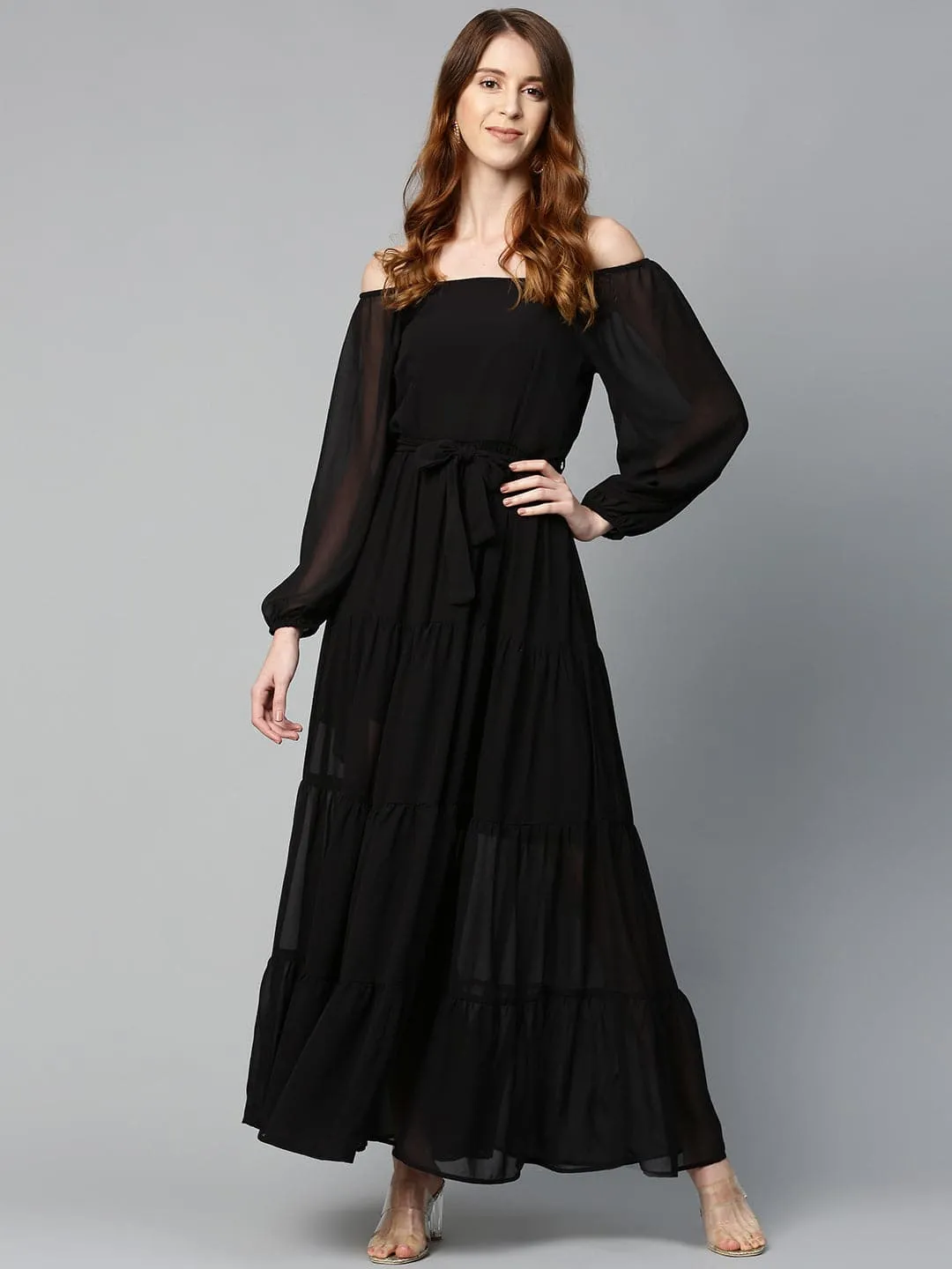 Black Square Neck Tiered Maxi Dress