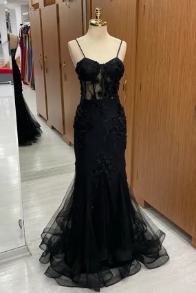 Black Sweetheart Prom Dress Straps Mermaid Appliques Tulle Long Prom Dresses