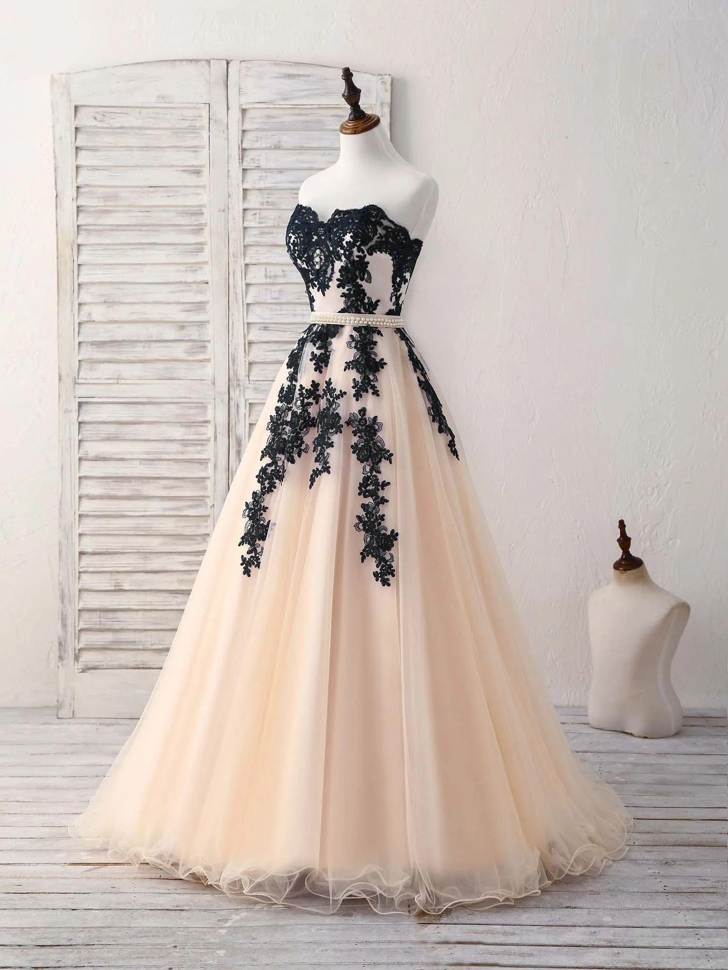 Black Tulle Lace Applique Long Prom Dress Black Evening Dress