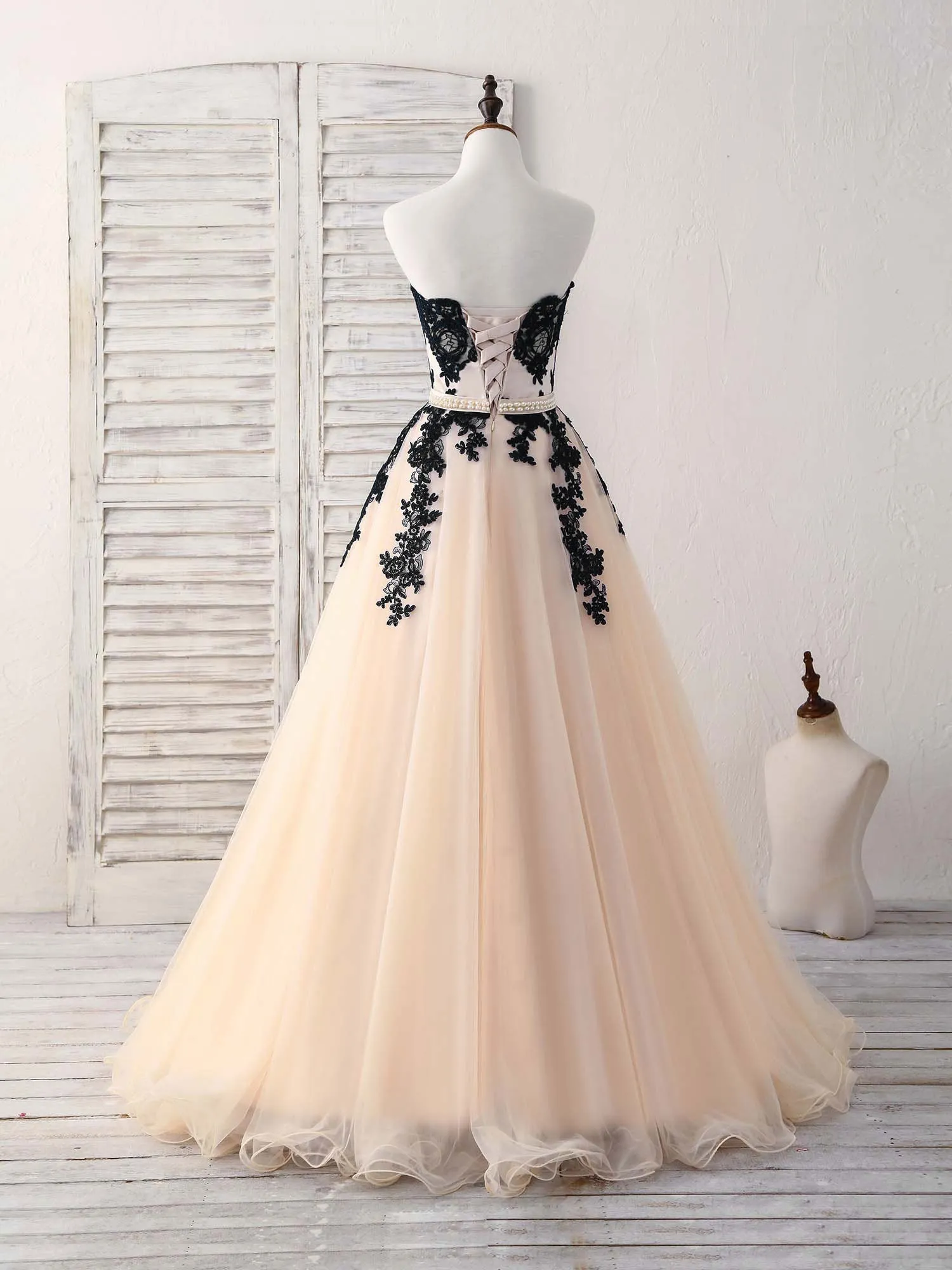 Black Tulle Lace Applique Long Prom Dress Black Evening Dress