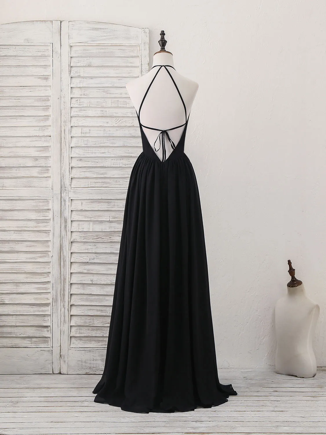 Black V Neck Chiffon Lace Long Prom Dress Black Evening Dress