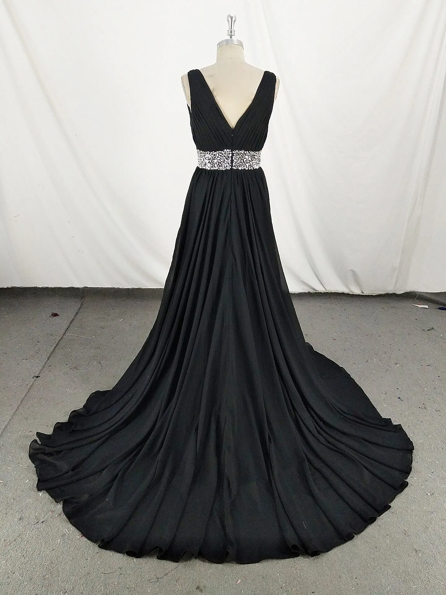 Black V Neck Chiffon Sequin Long Prom Dress Black Evening Dress