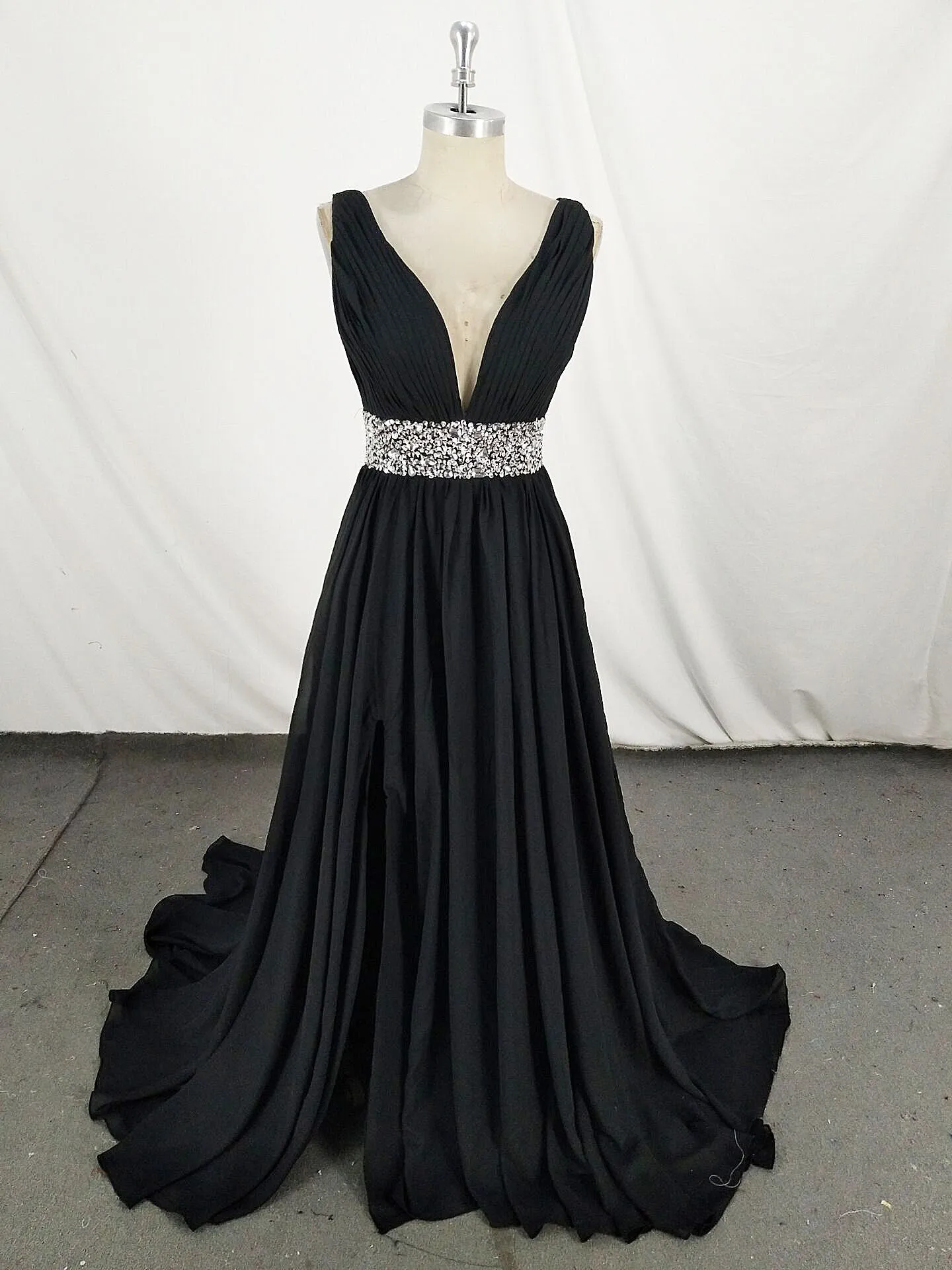 Black V Neck Chiffon Sequin Long Prom Dress Black Evening Dress