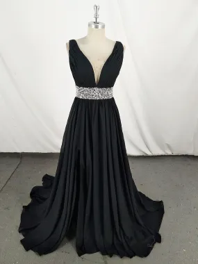 Black V Neck Chiffon Sequin Long Prom Dress Black Evening Dress