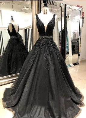 Black V Neck Tulle Long Prom Dress Evening Dress Formal Gowns