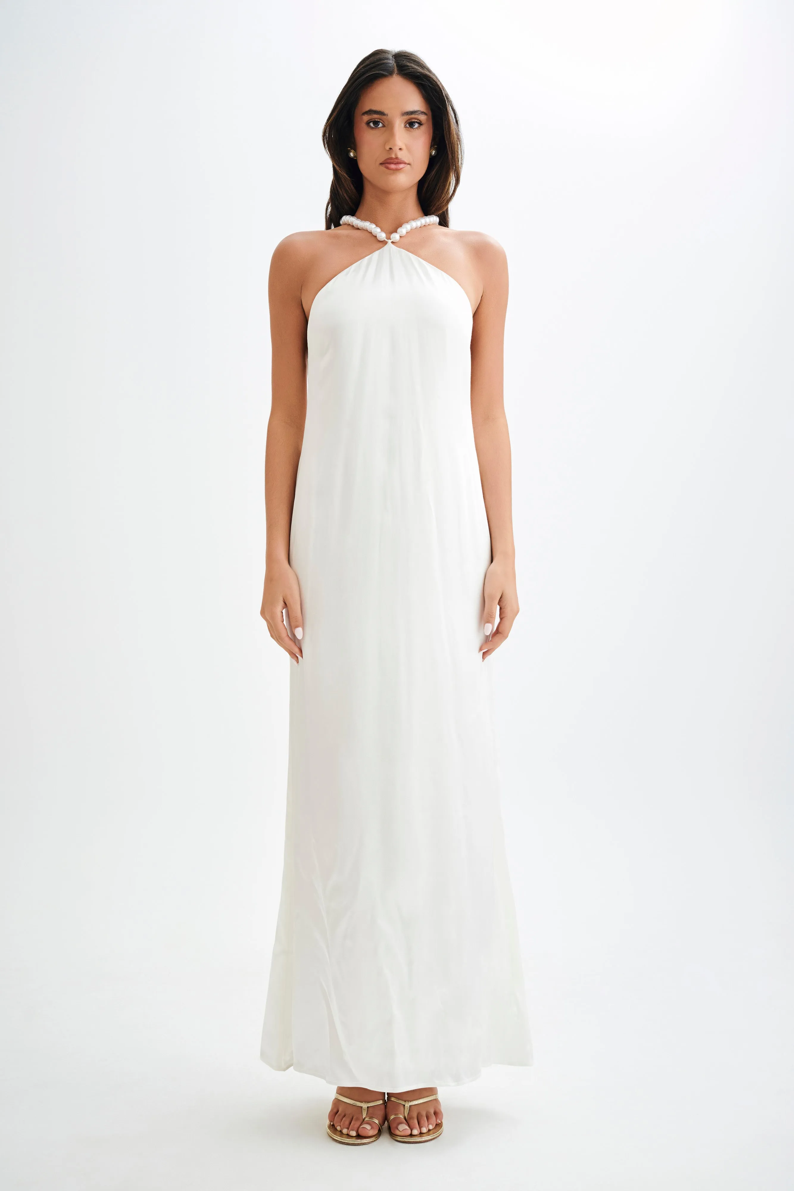 Blanche Satin Pearl Halter Maxi Dress - White