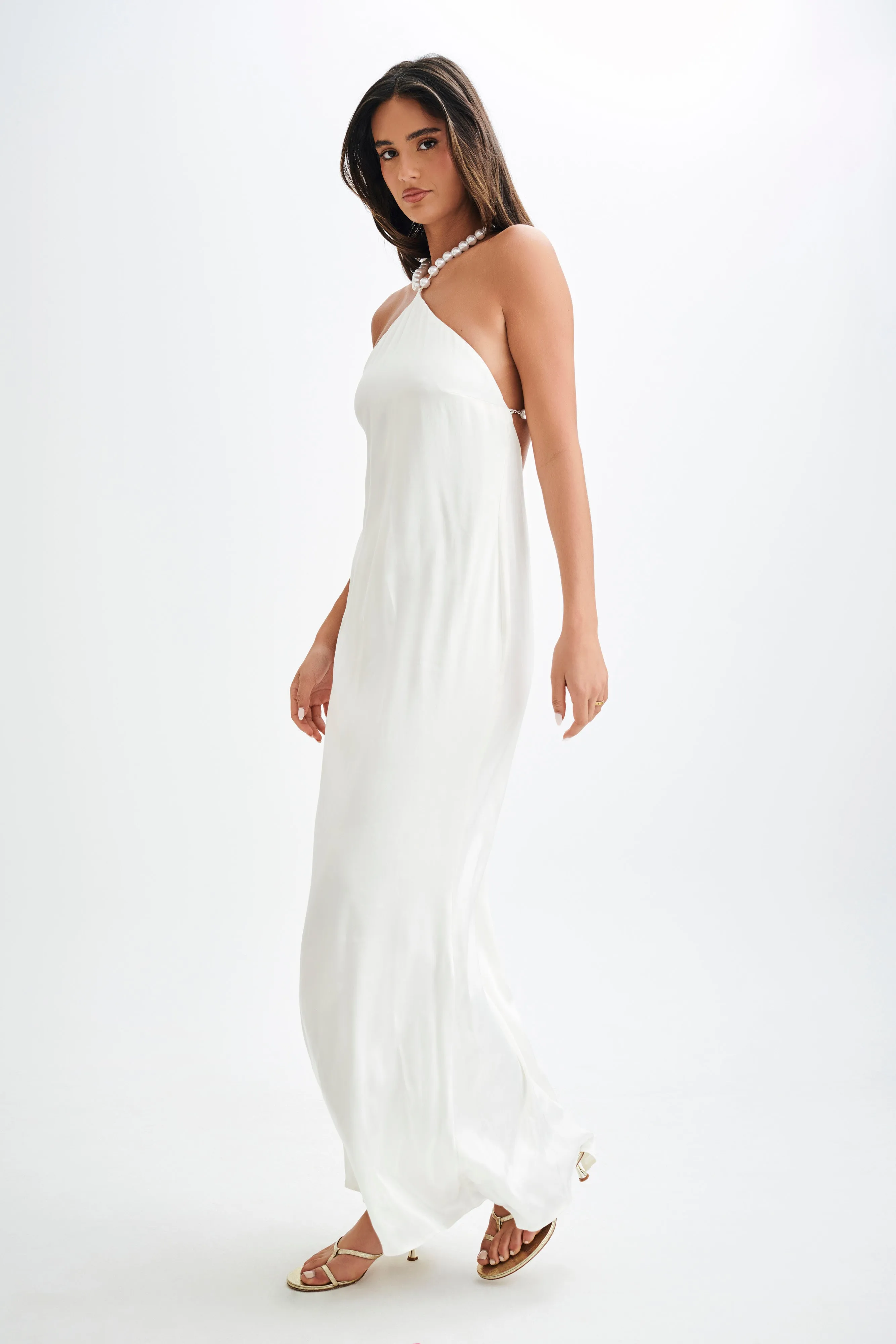 Blanche Satin Pearl Halter Maxi Dress - White