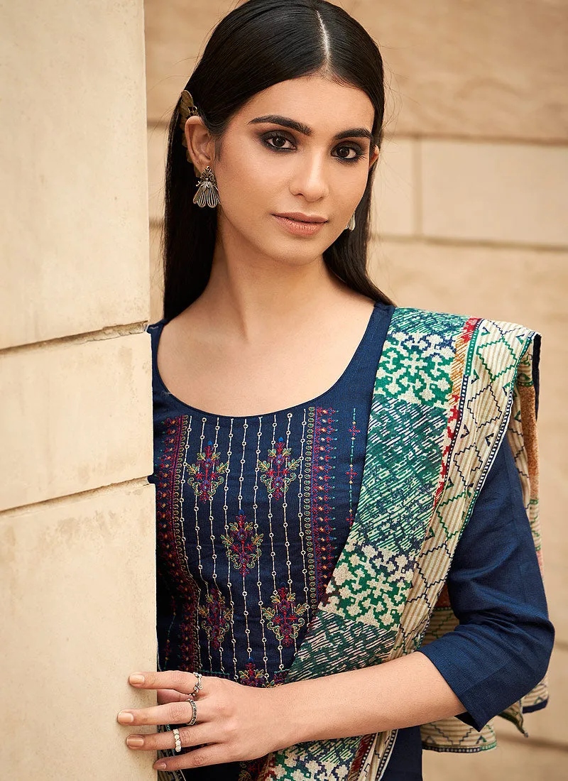 Blue Embroidered Cotton Palazzo Suit