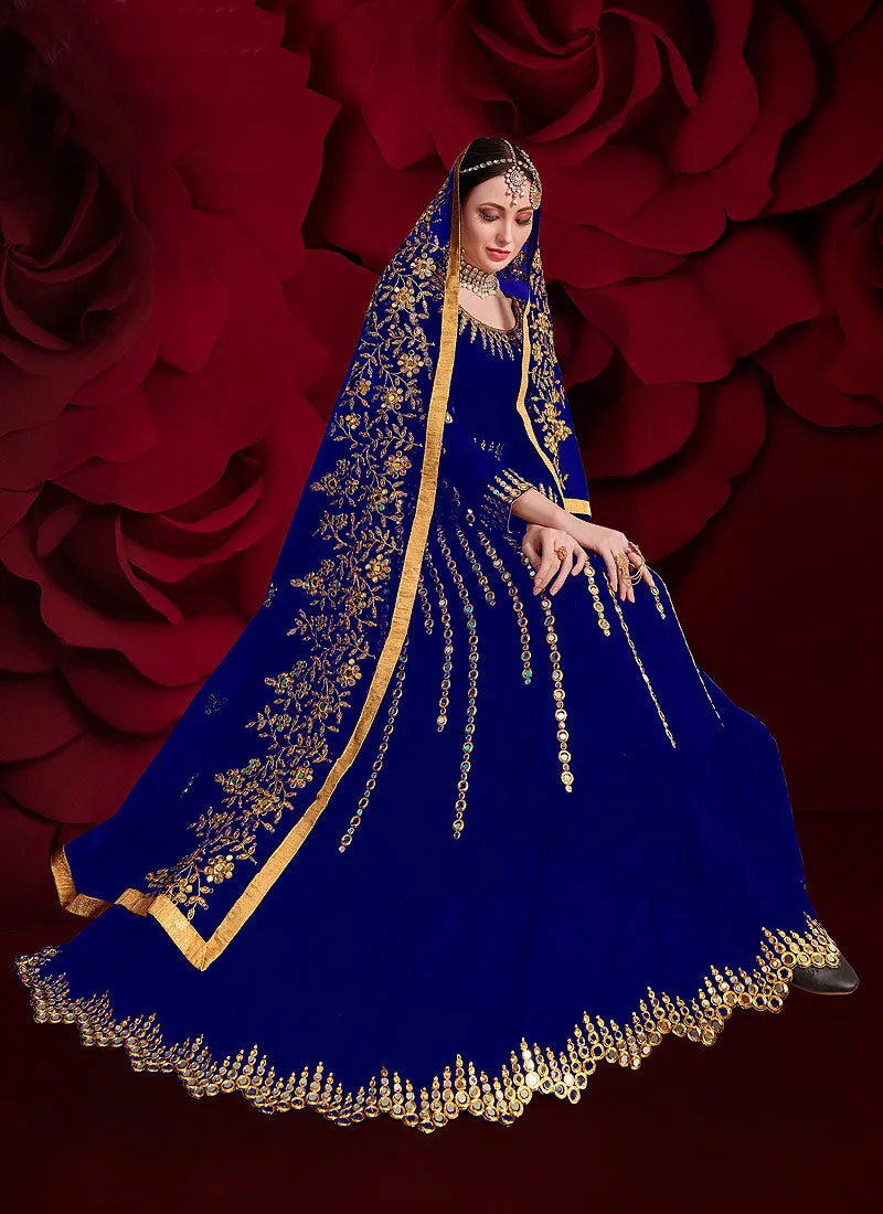 Blue Golden Mirror Work Flared Anarkali Pant Suit