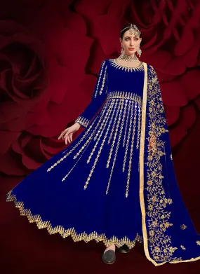 Blue Golden Mirror Work Flared Anarkali Pant Suit