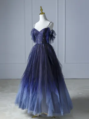 Blue Gradient Tulle Long Prom Dress,Beautiful Spaghetti Strap Celebrity Dresses