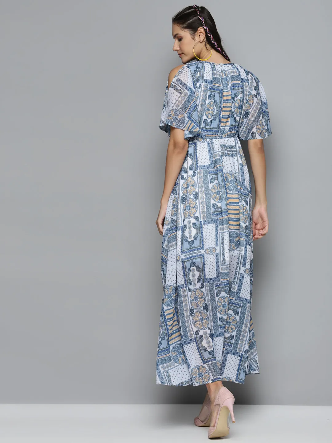 Blue Patch Print Maxi Dress