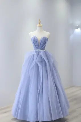 Blue Strapless Tulle Long Prom Dress Lovely Sweetheart Neckline Evening Dress