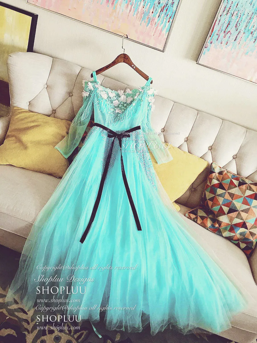 Blue Tulle Beads Long Prom Dress Blue Beads Evening Dress