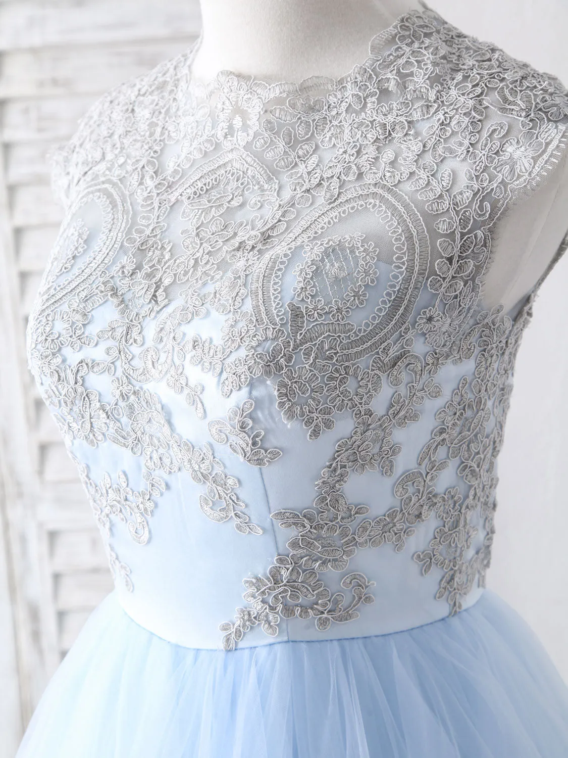 Blue Tulle Lace Applique Long Prom Dress Blue Tulle Sweet 16 Dress