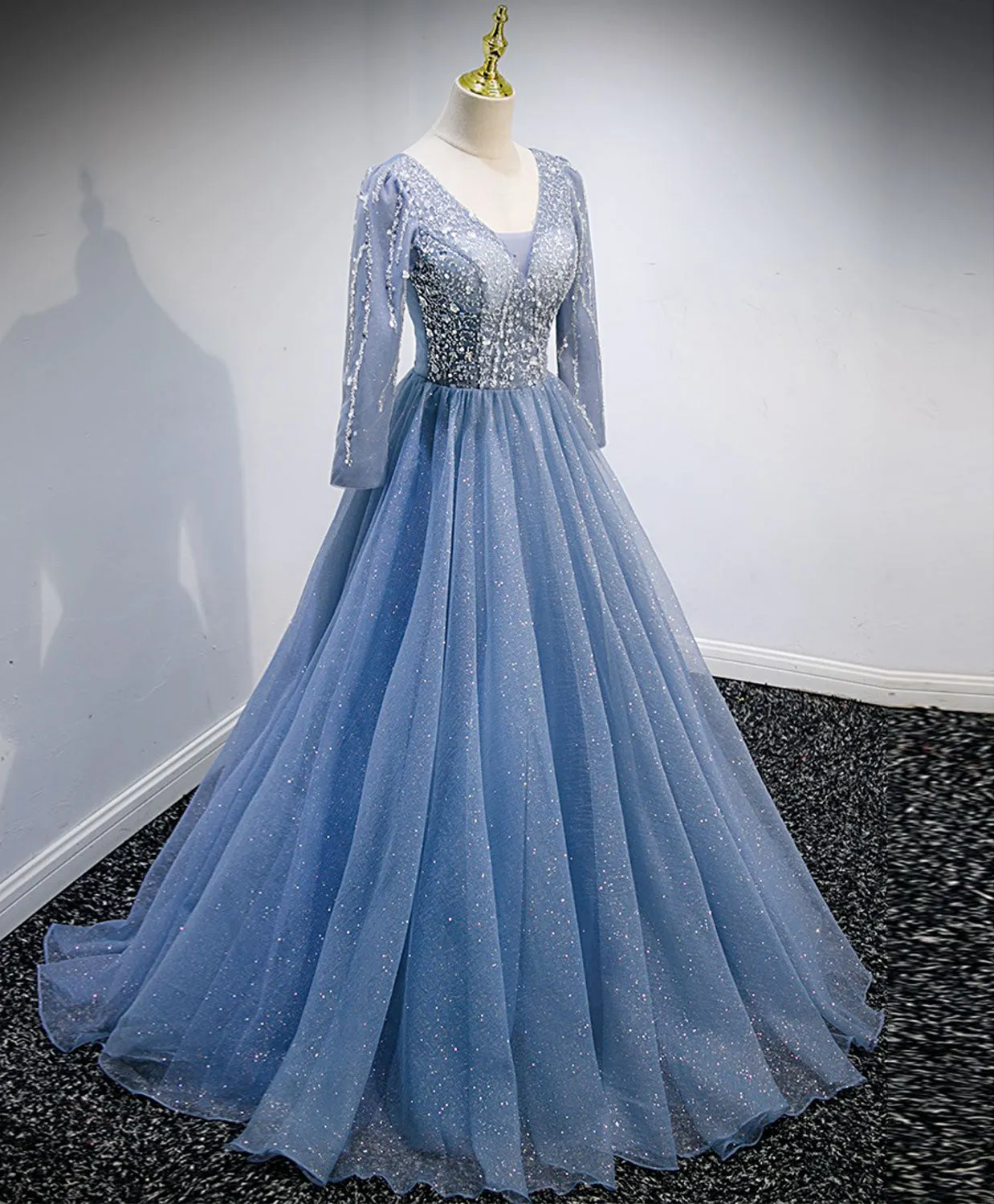 Blue V Neck Tulle Lace Long Prom Dress Blue Evening Dress with Sequin Beading