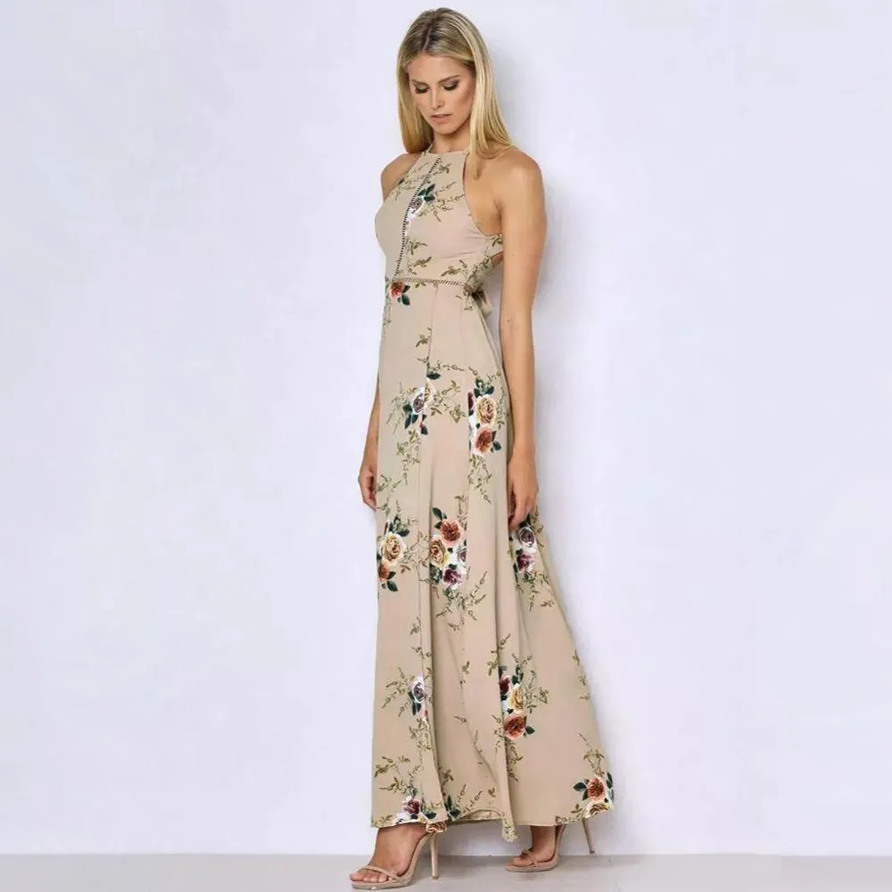 Bohemian Floral Print Summer Off Shoulder Women Beach Long Dress Backless Sexy Split Party Maxi Dresses