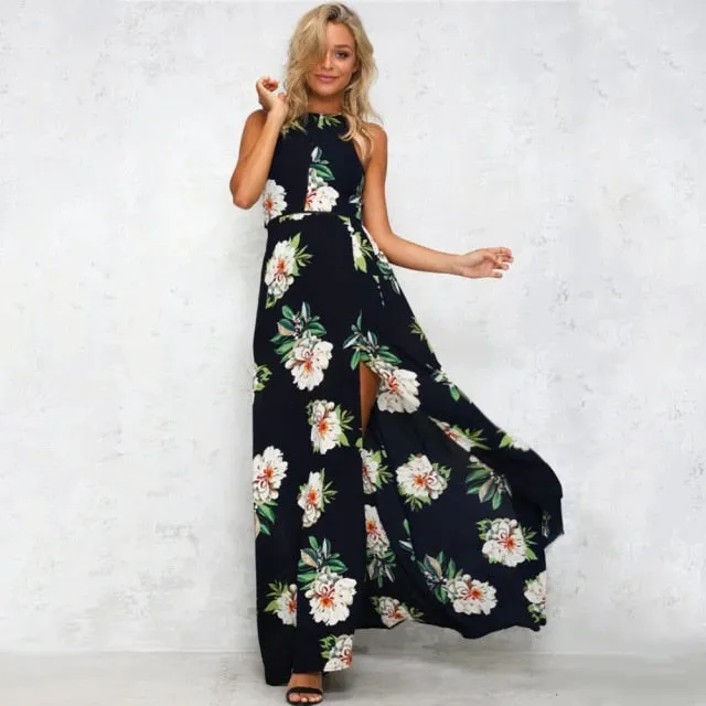 Bohemian Floral Print Summer Off Shoulder Women Beach Long Dress Backless Sexy Split Party Maxi Dresses