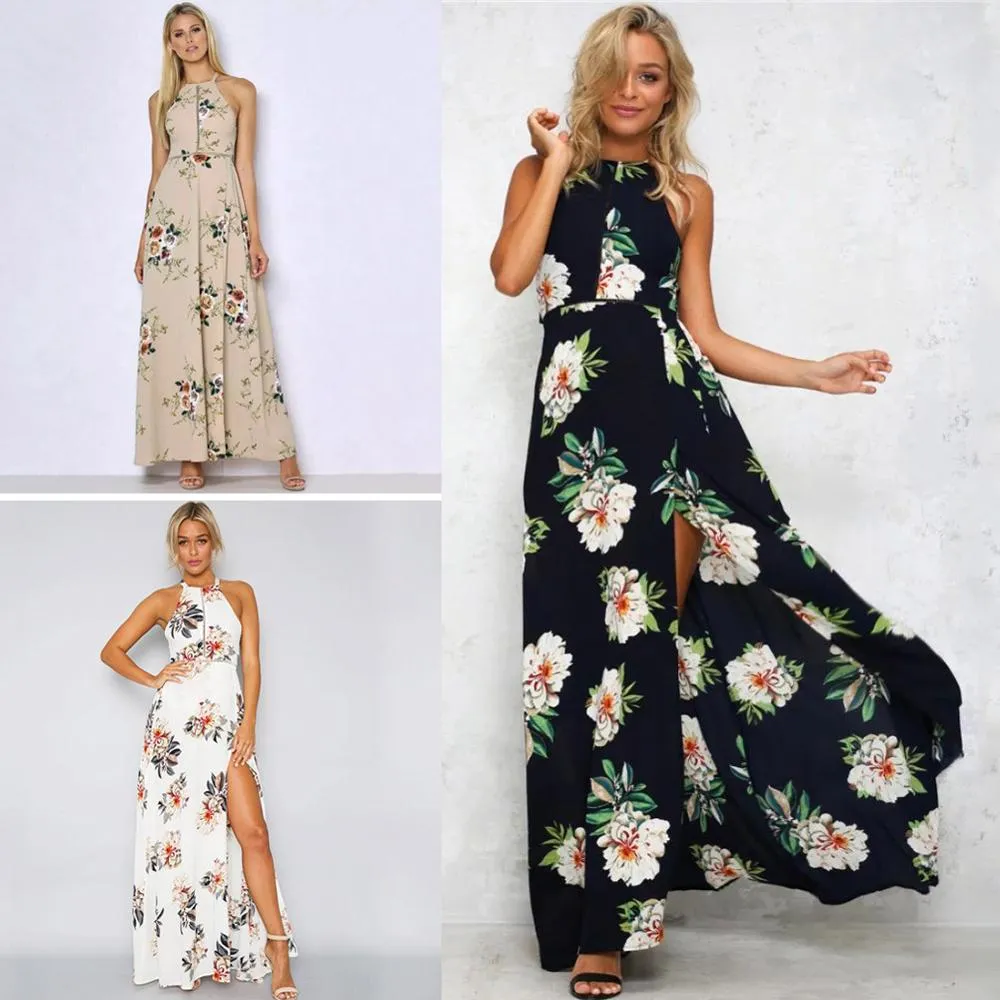 Bohemian Floral Print Summer Off Shoulder Women Beach Long Dress Backless Sexy Split Party Maxi Dresses