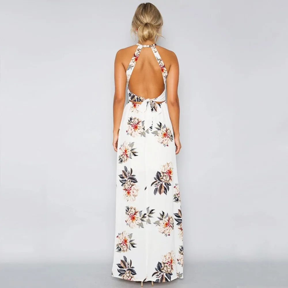 Bohemian Floral Print Summer Off Shoulder Women Beach Long Dress Backless Sexy Split Party Maxi Dresses