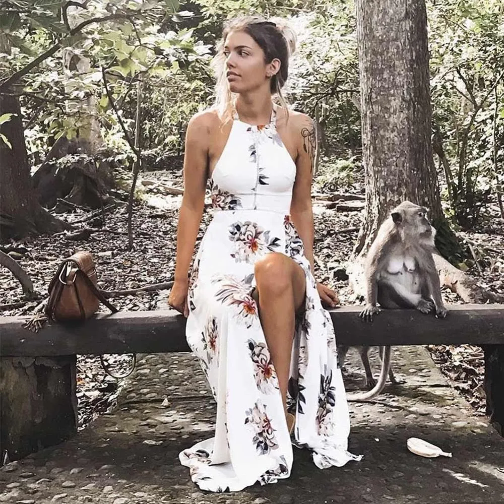 Bohemian Floral Print Summer Off Shoulder Women Beach Long Dress Backless Sexy Split Party Maxi Dresses