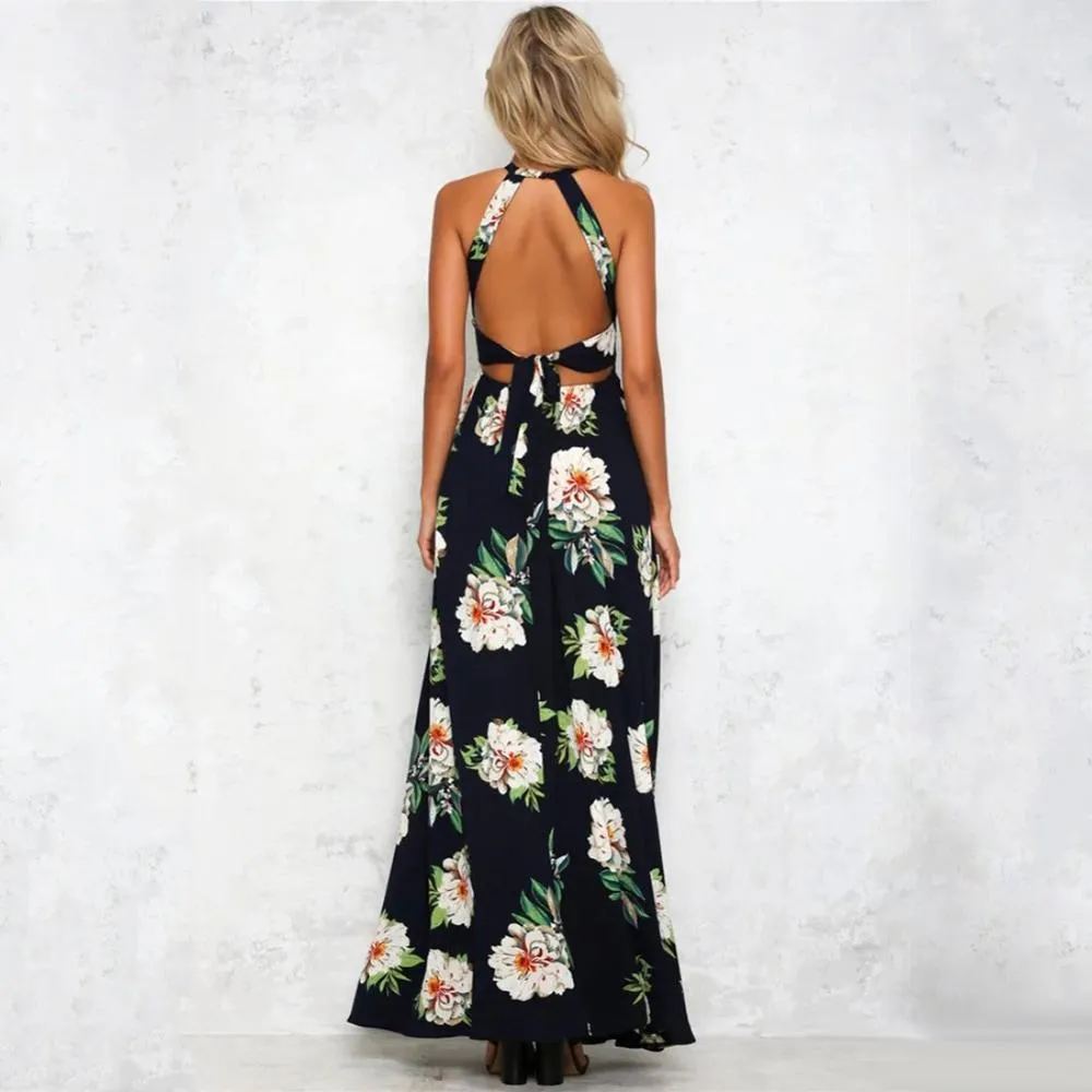 Bohemian Floral Print Summer Off Shoulder Women Beach Long Dress Backless Sexy Split Party Maxi Dresses