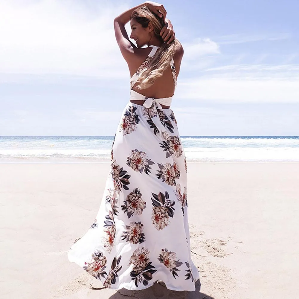 Bohemian Floral Print Summer Off Shoulder Women Beach Long Dress Backless Sexy Split Party Maxi Dresses