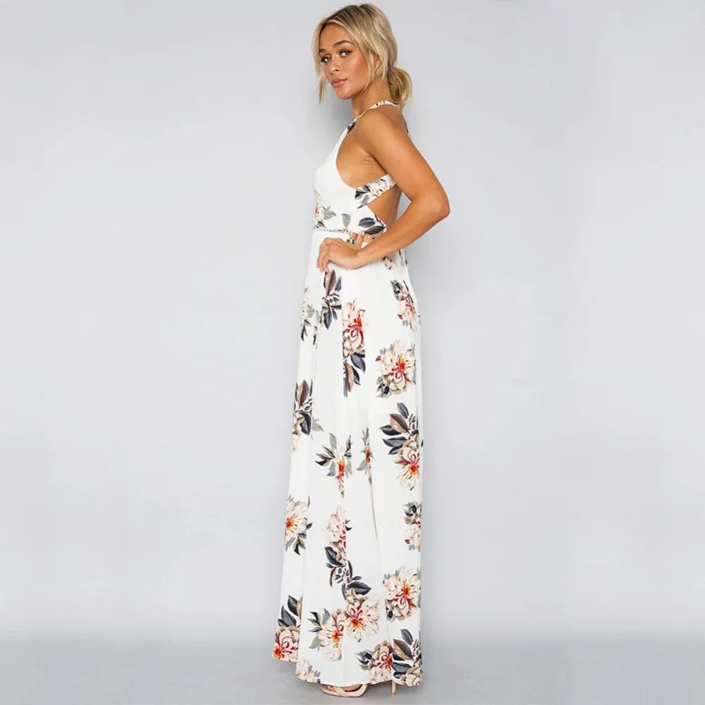 Bohemian Floral Print Summer Off Shoulder Women Beach Long Dress Backless Sexy Split Party Maxi Dresses