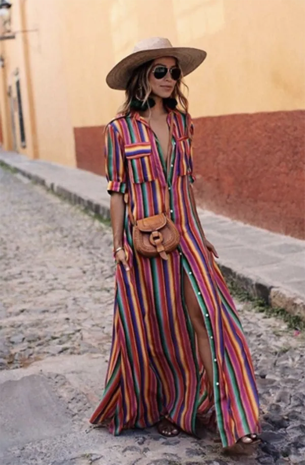 Boho Multi striped long maxi button down dress with sleeves