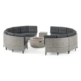 Breann Outdoor Round 8 Seater Wicker Sectional Set with Fire Pit and Tank Holder