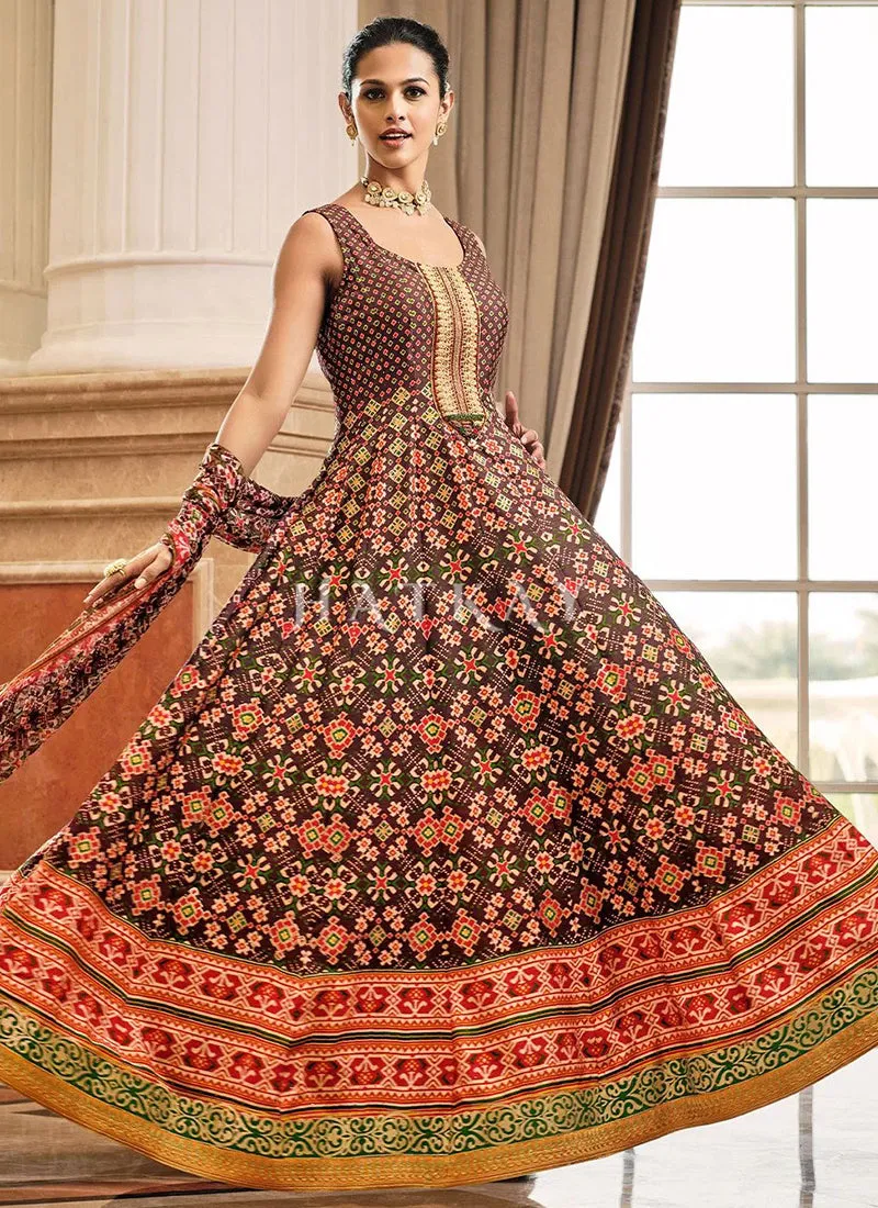 Brown Prints And Embroidered Traditional Indian Gown