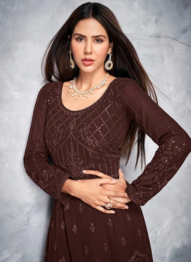 Brown Thread And Sequence Embroidered Anarkali Suit