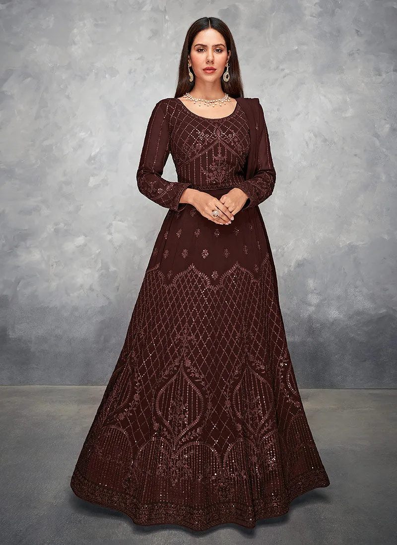 Brown Thread And Sequence Embroidered Anarkali Suit